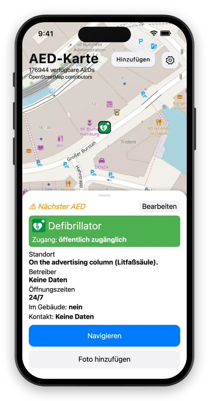 Defibrillator-Karte mit Zugang, Öffnungszeiten und Navigationsschaltfläche