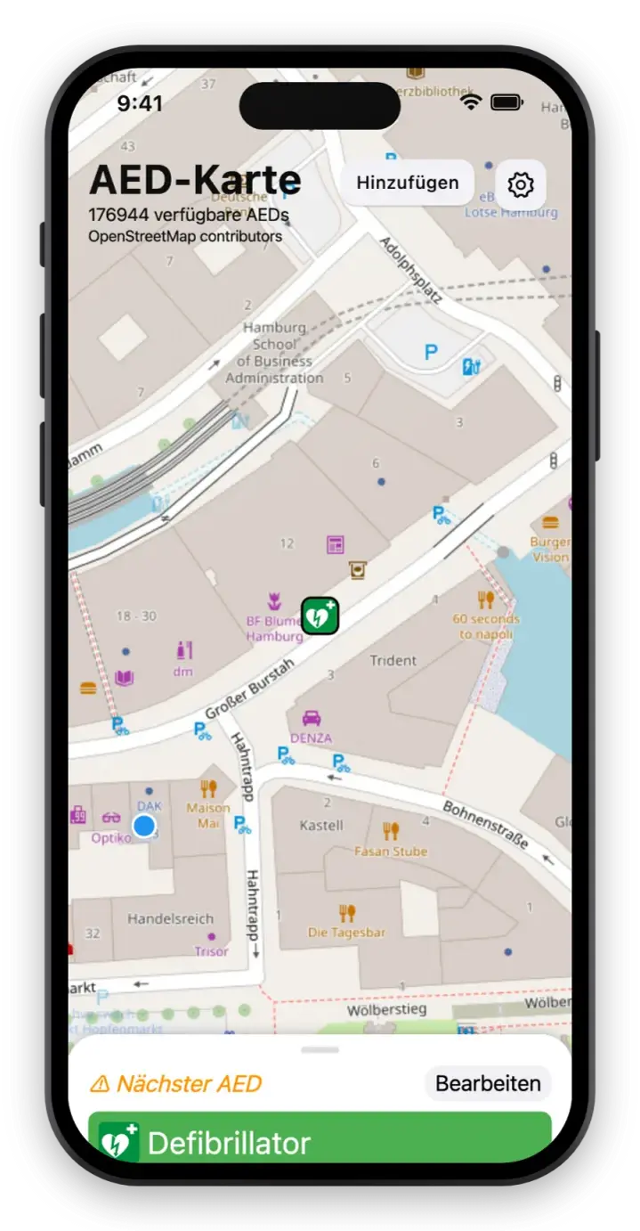Bildschirm der App AED-Karte mit einer Karte der Defibrillatoren