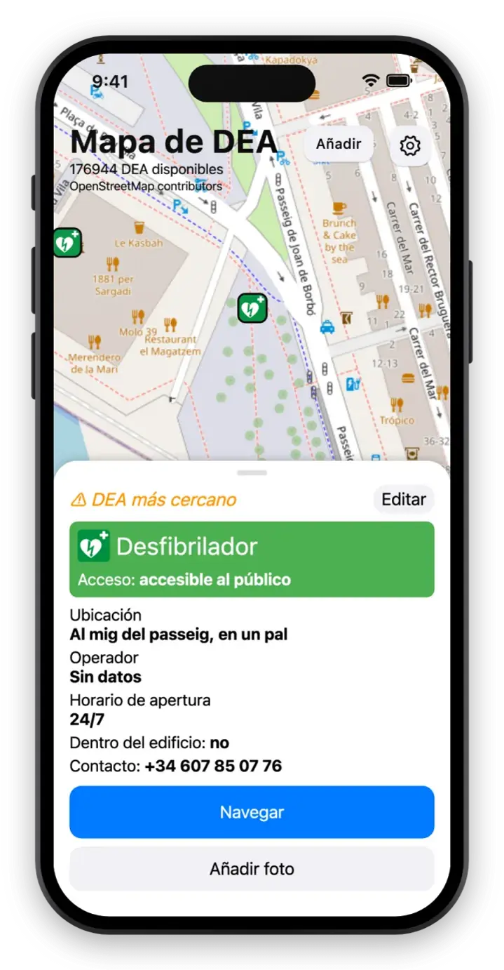 Ficha del desfibrilador con acceso, horario y botón de navegación