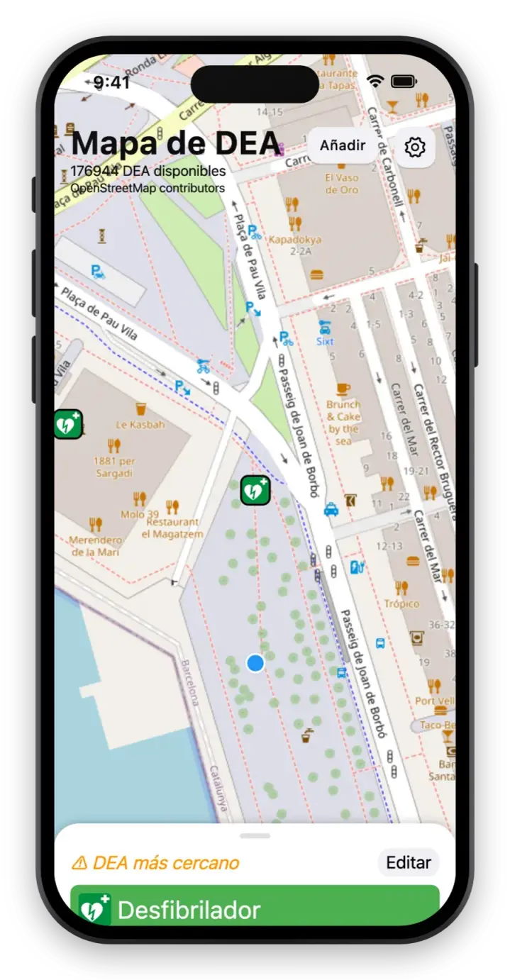 Pantalla de la app Mapa de DEA con un mapa de desfibriladores