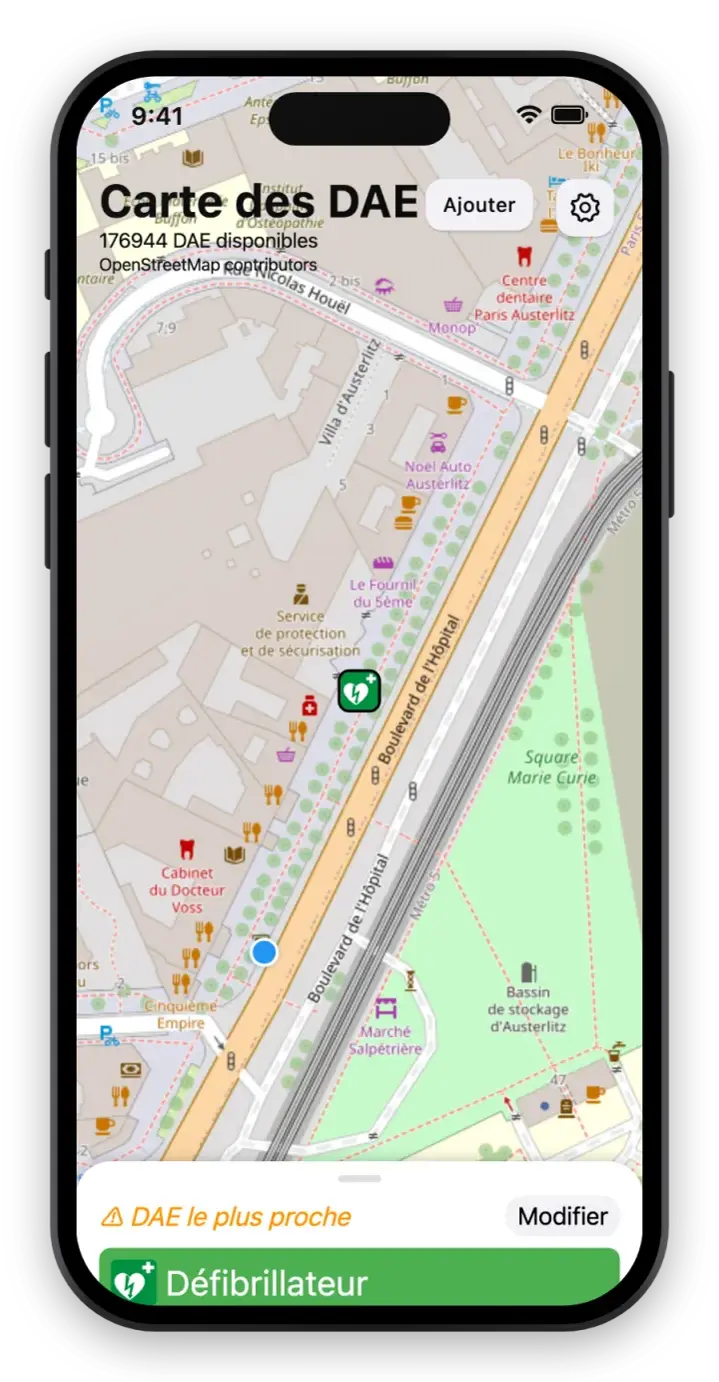 Écran de l'application Carte des DAE avec une carte des défibrillateurs