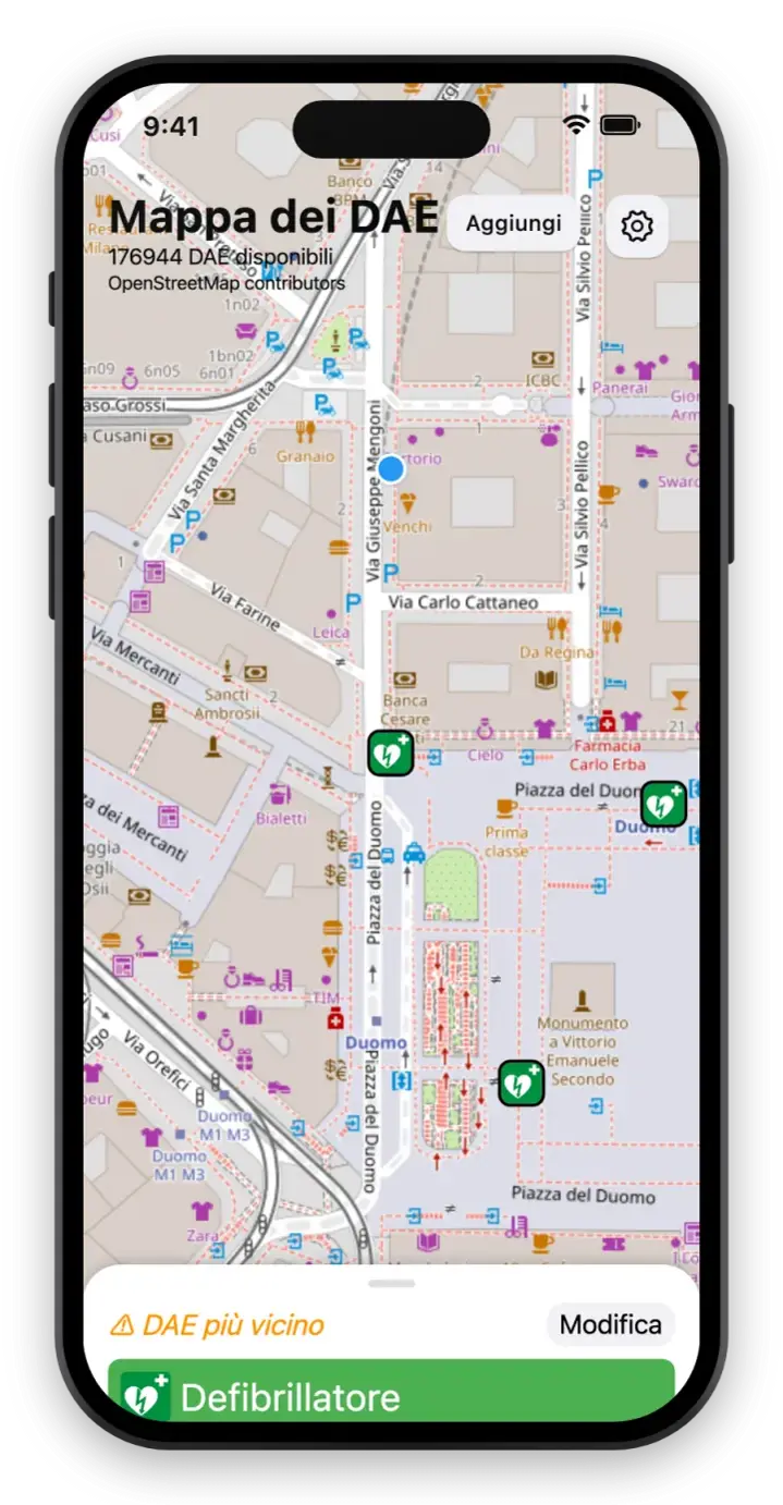 Schermata dell'app Mappa dei DAE con una mappa dei defibrillatori