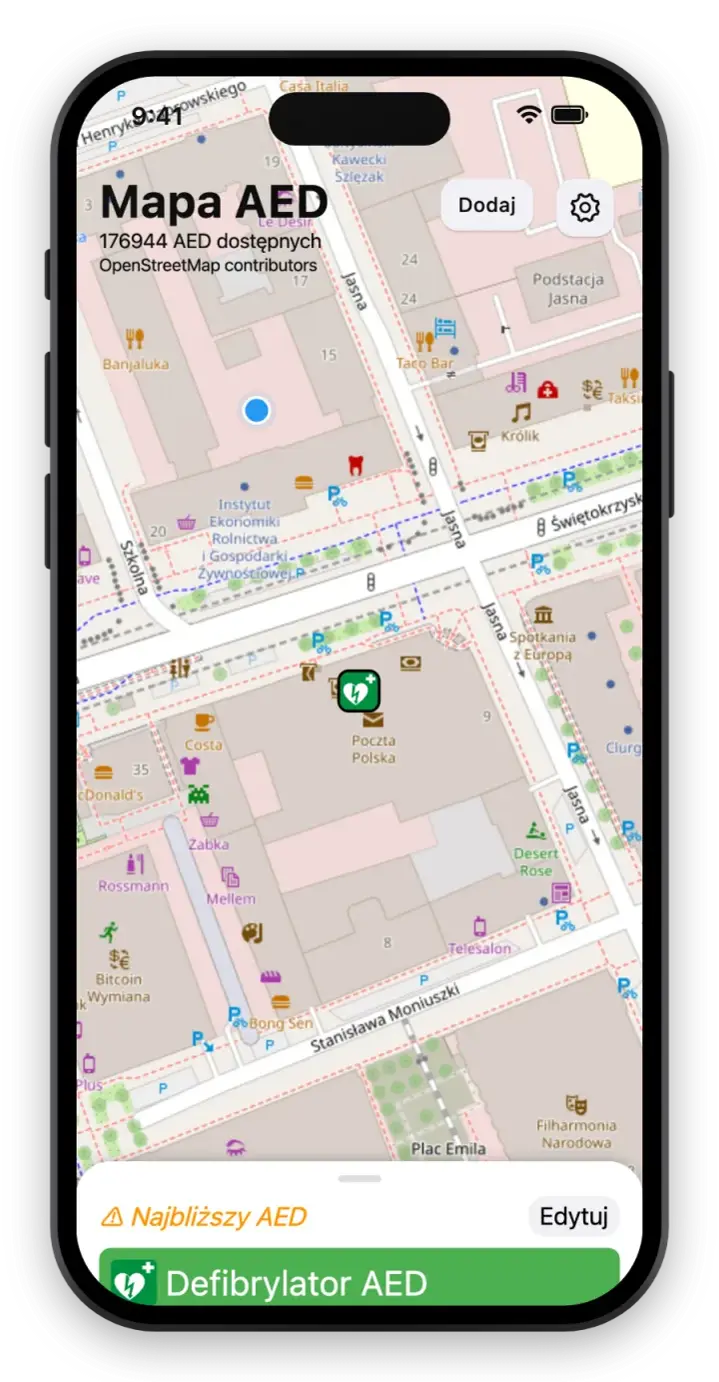 Ekran aplikacji Mapa AED z mapą defibrylatorów